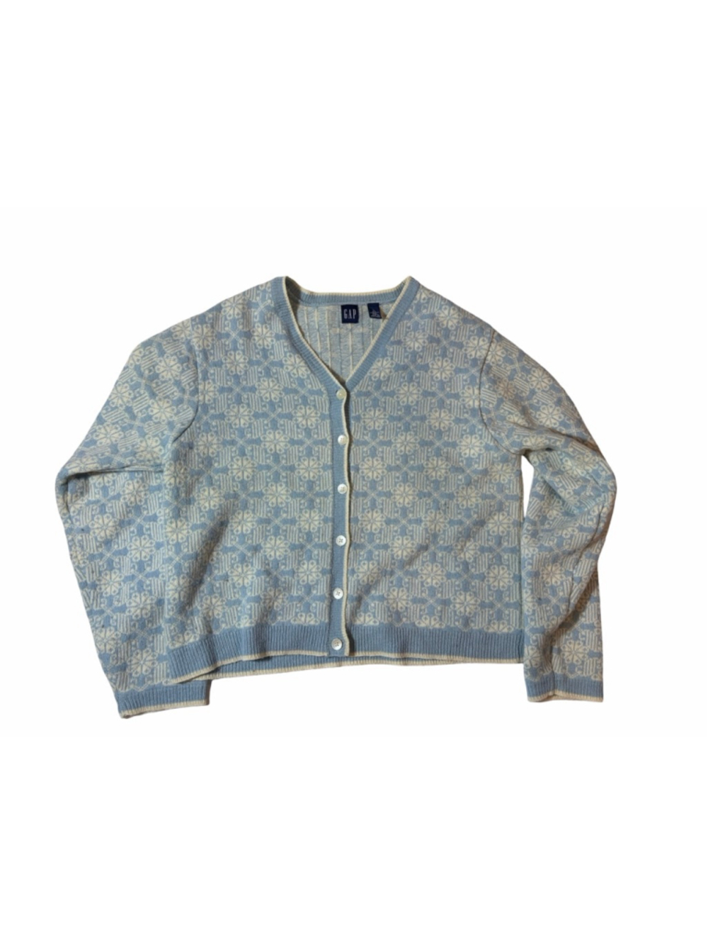 Vintage GAP Lambswool Fair Isle Cardigan Sweater Blue Cream Wool Blend L